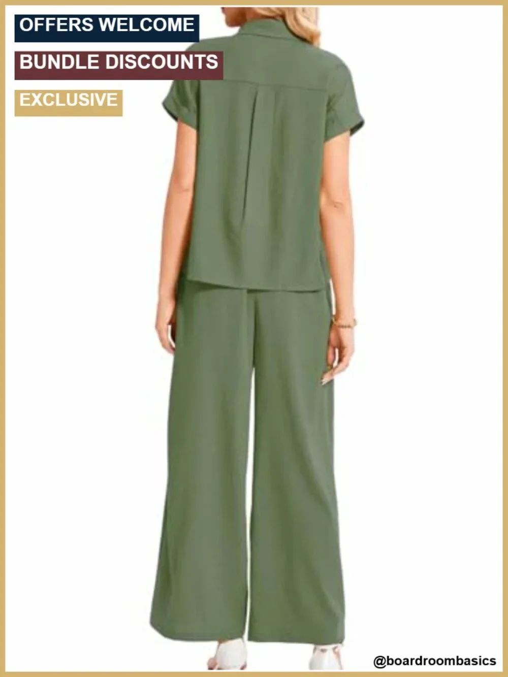 Women's 2 Piece Dressy Work Outfit - Button Down Shirt & Wide Leg Pants Set